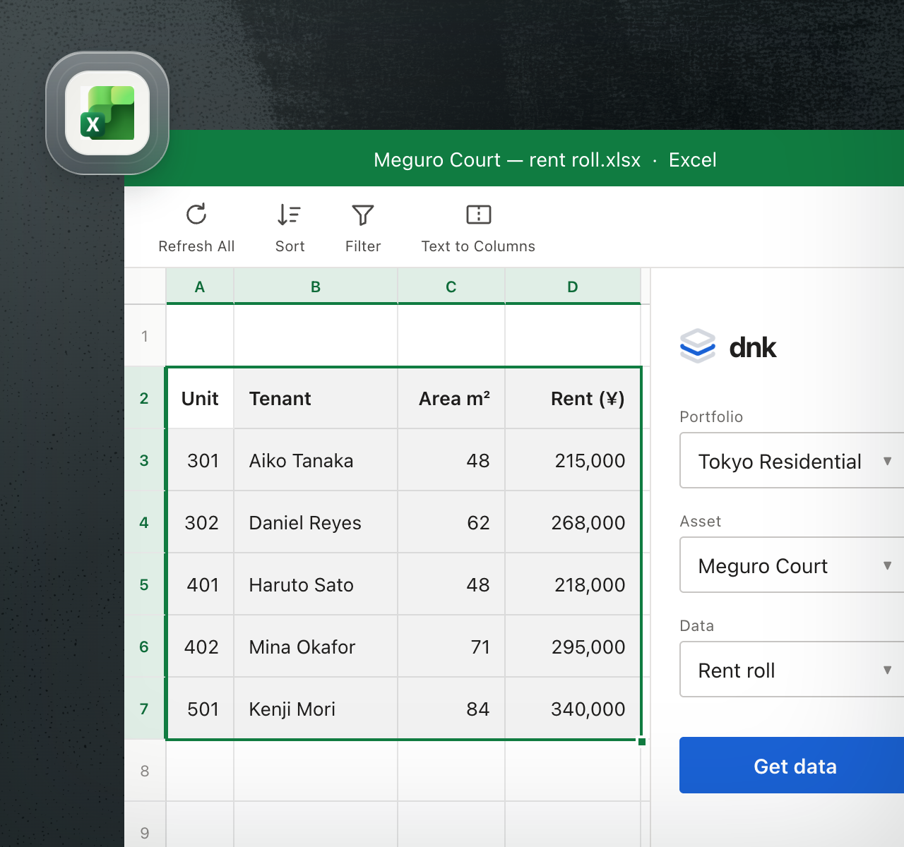 Excel workbook showing a rent roll with the DNK add-in ready to place standardized property data into the selected cells